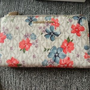 Michael Kors Blue and Coral floral logo double zipper wallet